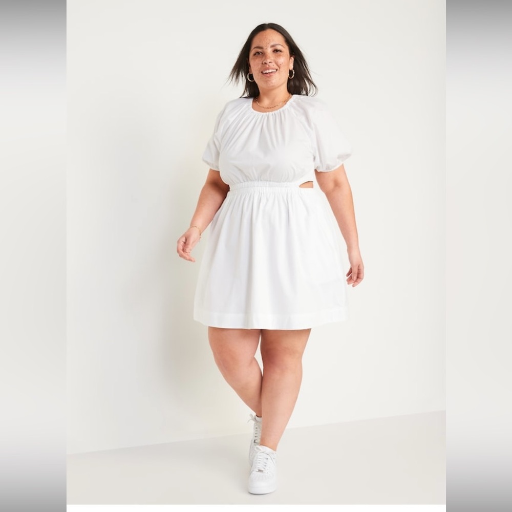 OLD NAVY. Waist Define Puff-Sleeve Cotton Poplin Side Cutout Mini Dress.
